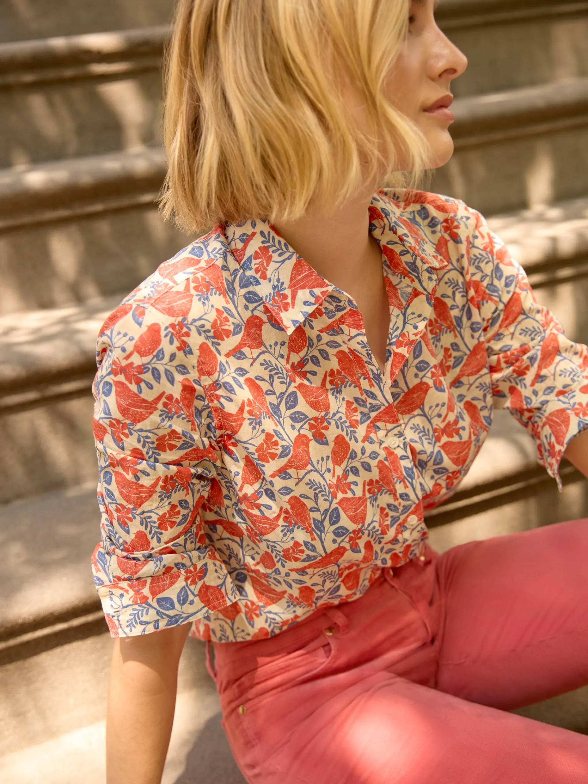 J.McLaughlin Lois Shirt in Bird Story Tan/Blue/BurntOrange Outlet