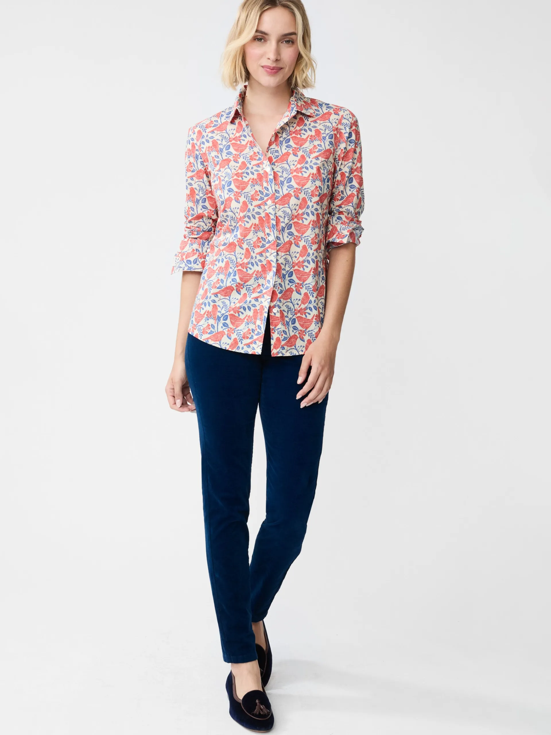 J.McLaughlin Lois Shirt in Bird Story Tan/Blue/BurntOrange Outlet
