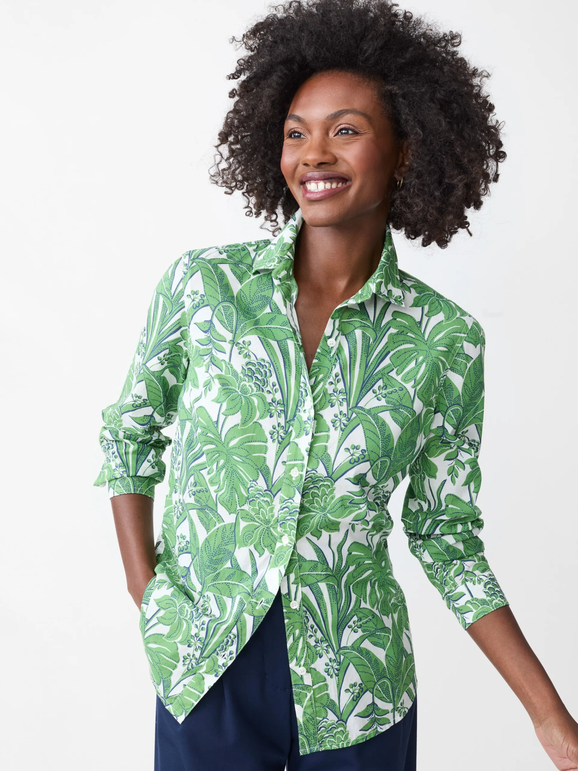 J.McLaughlin Lois Shirt in Field Blooms White/Green/Navy Best