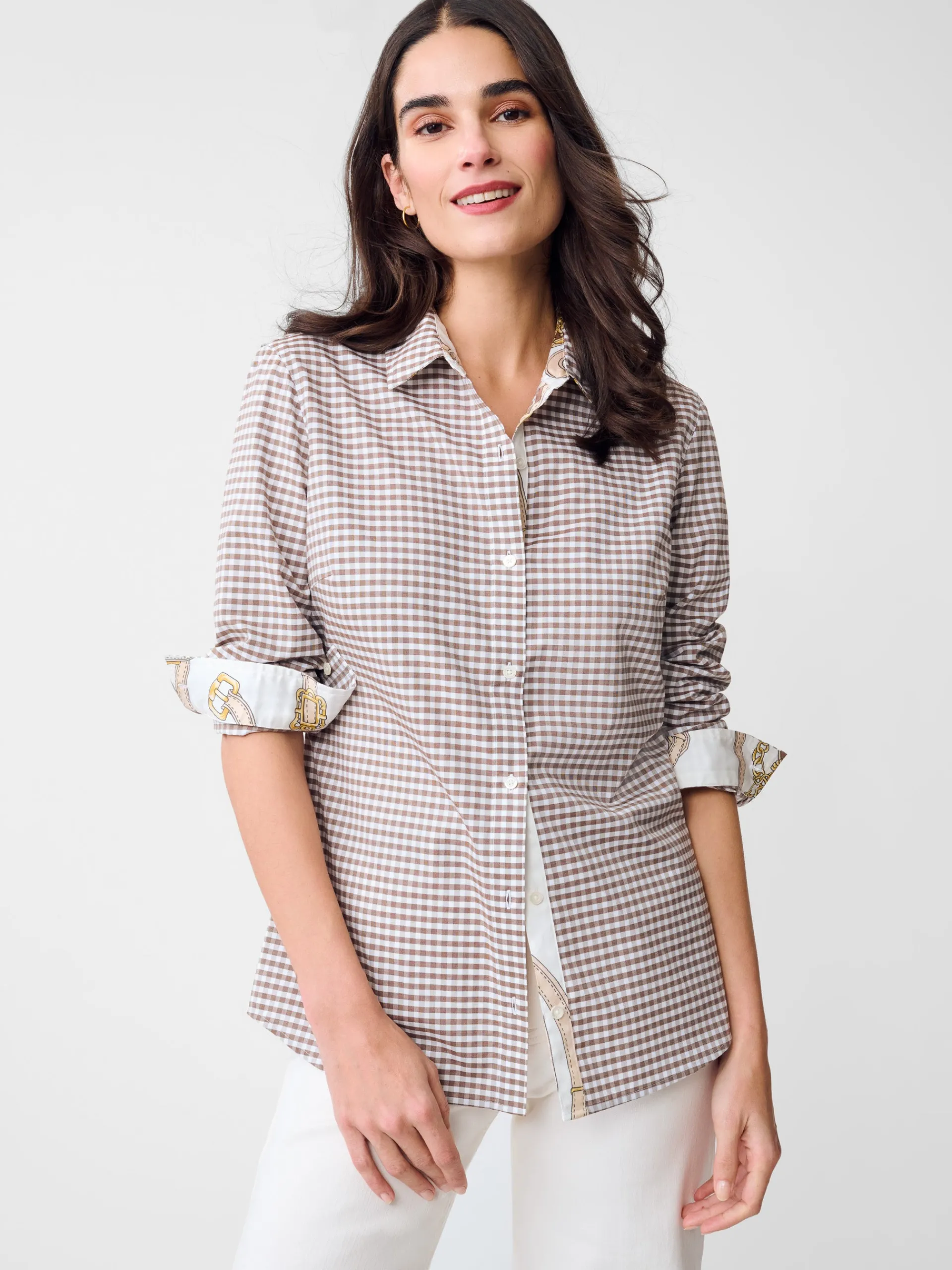 J.McLaughlin Lois Shirt in Gingham Toffee/White Discount