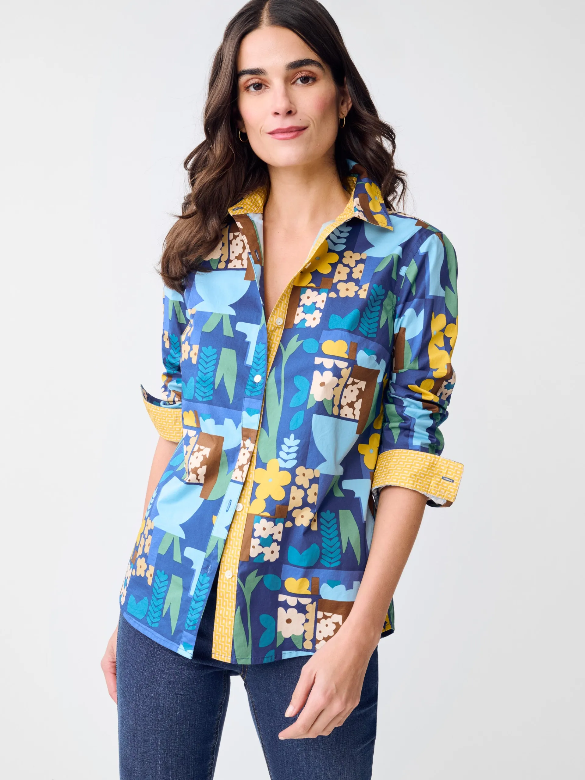 J.McLaughlin Lois Shirt in Paper Garden Geo Blue/Multi Clearance