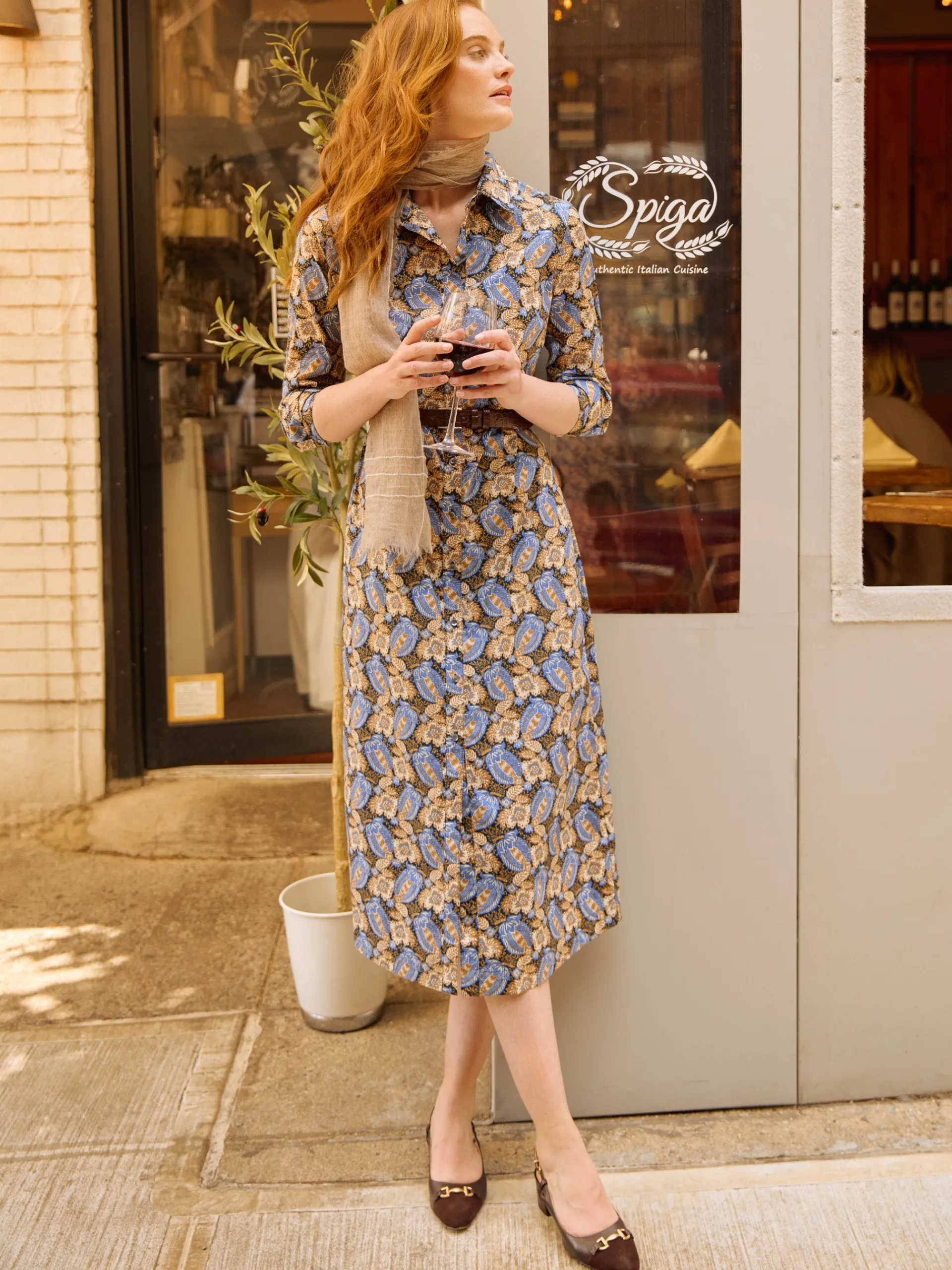 J.McLaughlin Louisa Dress in Pomegranate Grove Camel/Blue Hot