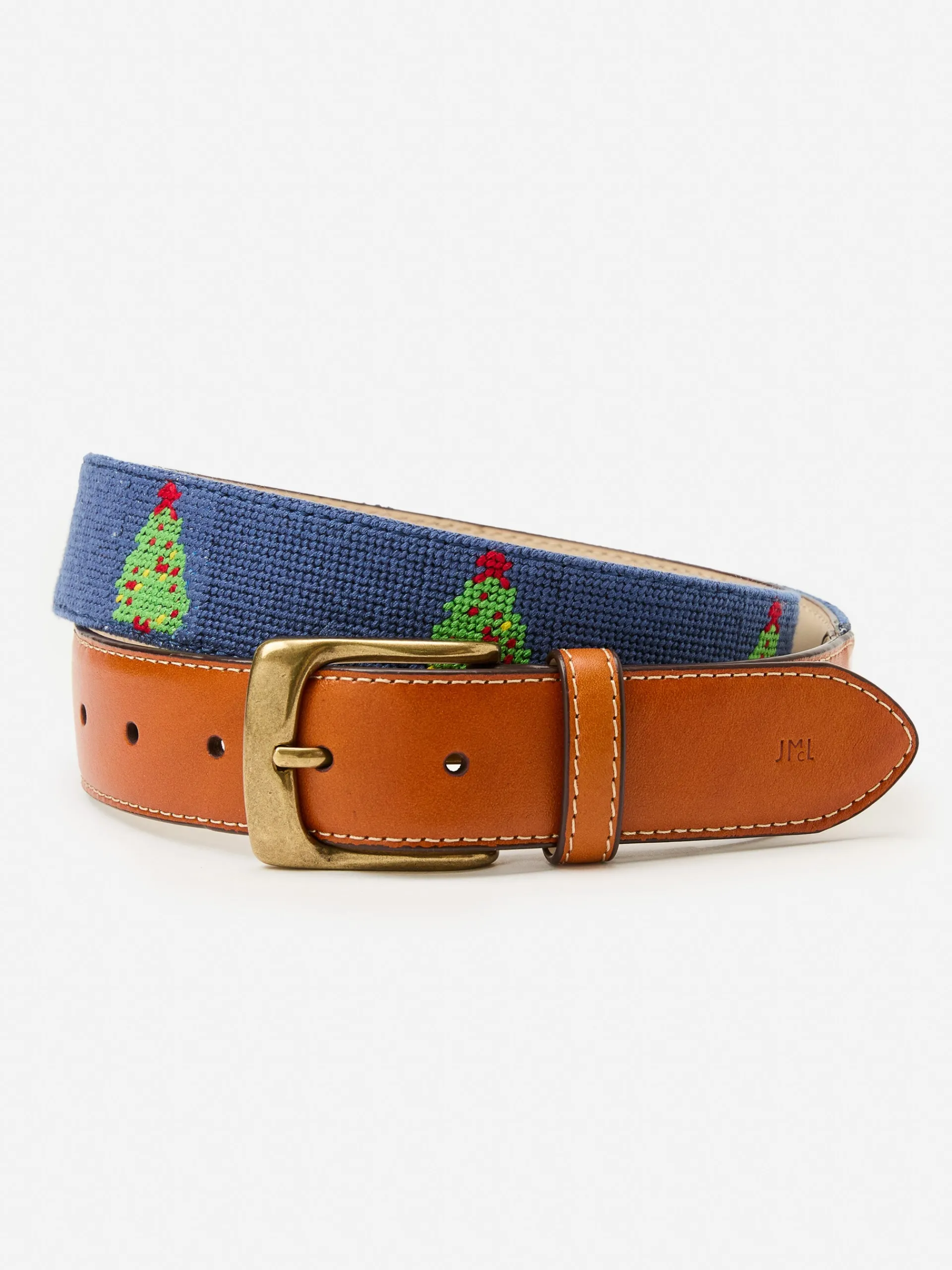 J.McLaughlin Needlepoint Belt in Christmas Tree Navy/Red Flash Sale