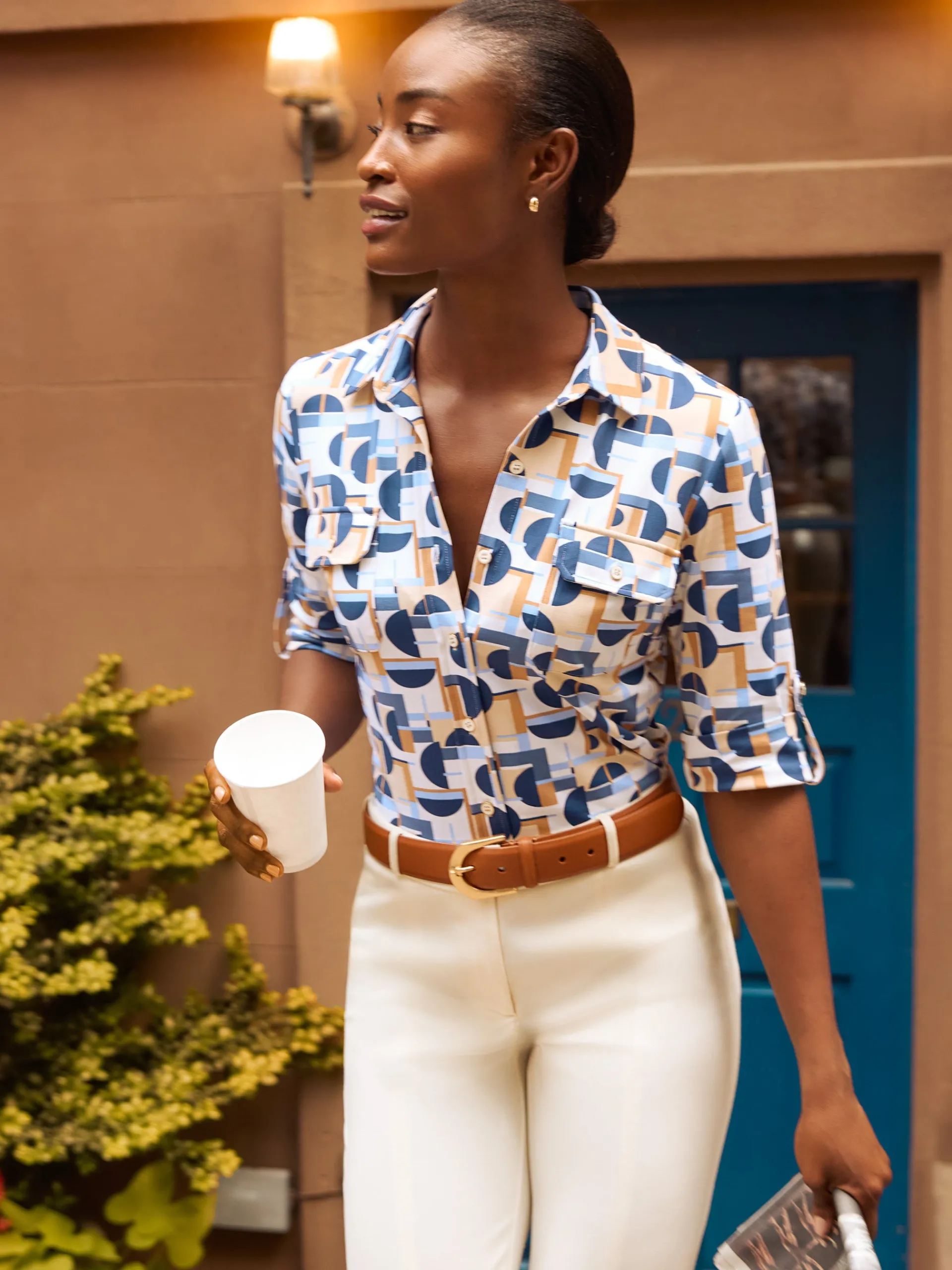 J.McLaughlin New Monroe Shirt in Mod Moons Camel/Blue/LightBlue Fashion