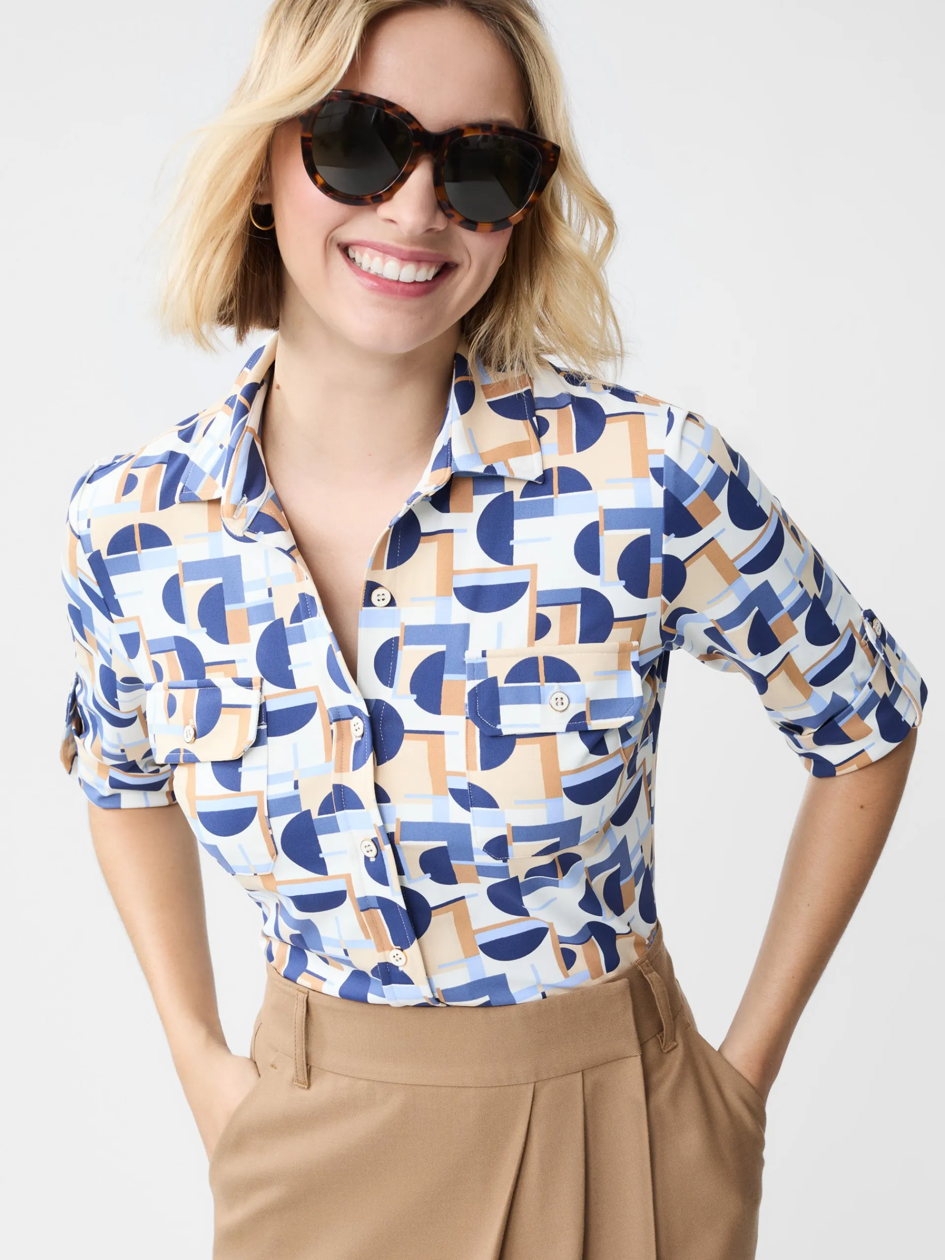 J.McLaughlin New Monroe Shirt in Mod Moons Camel/Blue/LightBlue Fashion