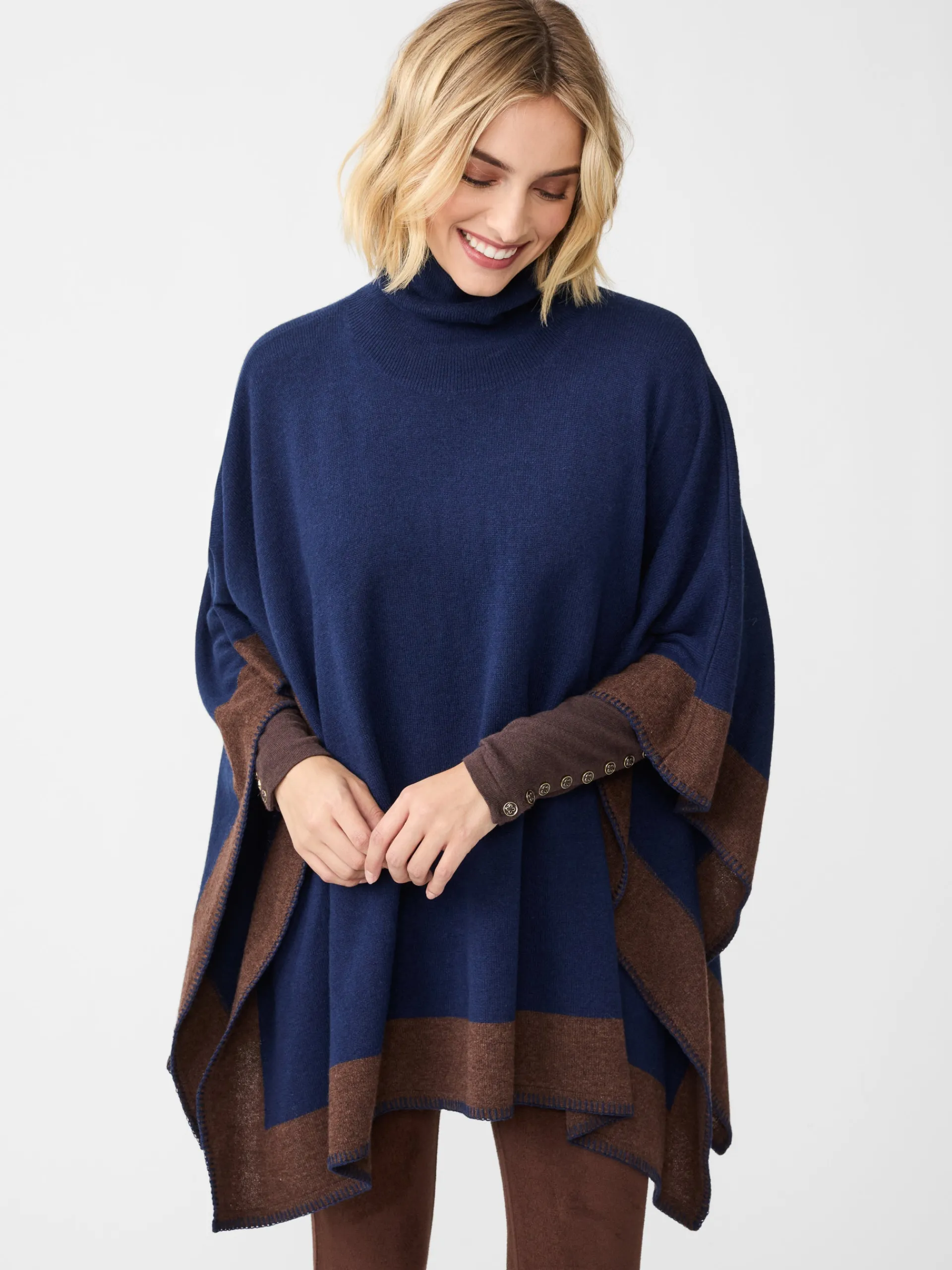 J.McLaughlin Noelle Cashmere Poncho in Color Block Navy/Brown Flash Sale