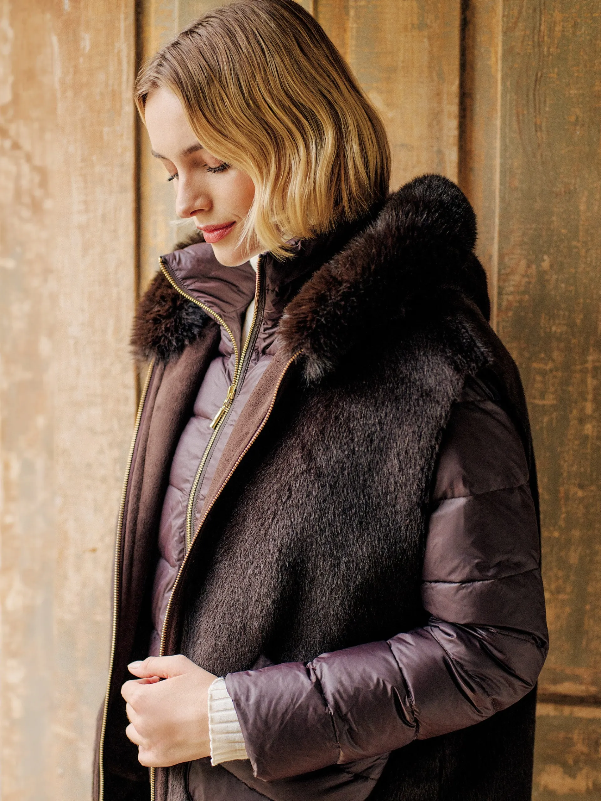 J.McLaughlin Nomi Puffer Jacket with Faux Fur Vest DarkBrown Sale