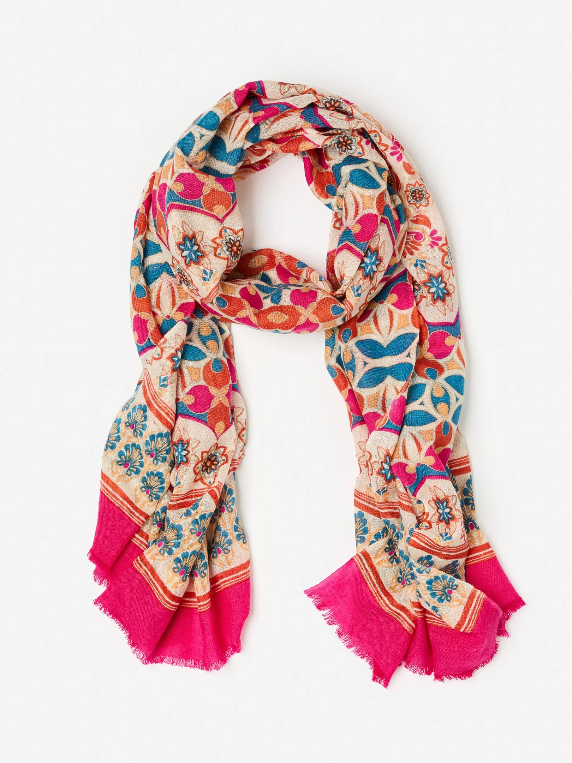 J.McLaughlin Reed Scarf in Blooming Stripes Oblong OffWhite/Blue/Pink Hot