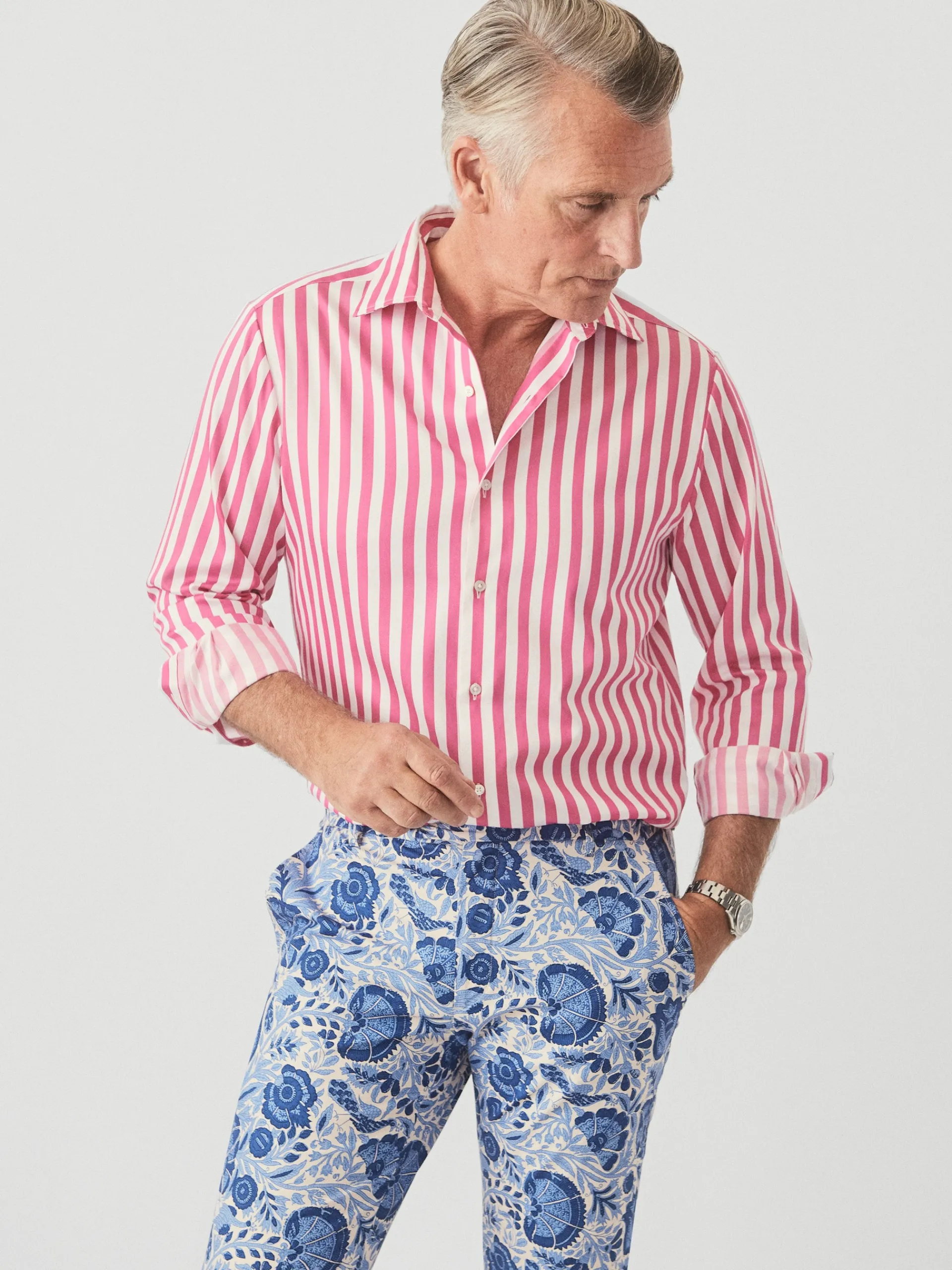 J.McLaughlin Rivera Classic Fit Shirt in Broad Stripe Fuchsia/White Cheap
