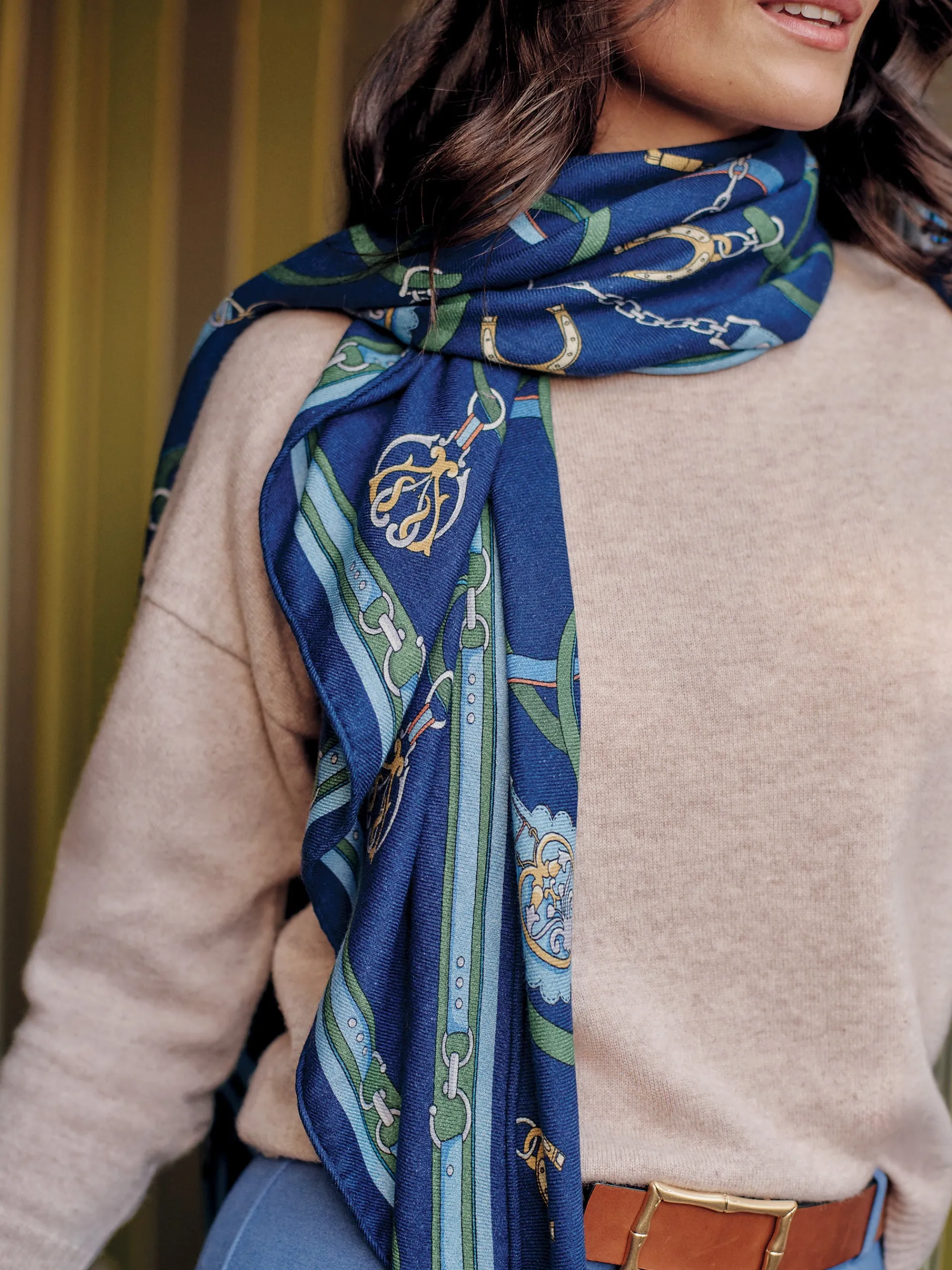 J.McLaughlin Sarita Scarf in Fairfax Crest Corner Navy/Green/Blue Hot