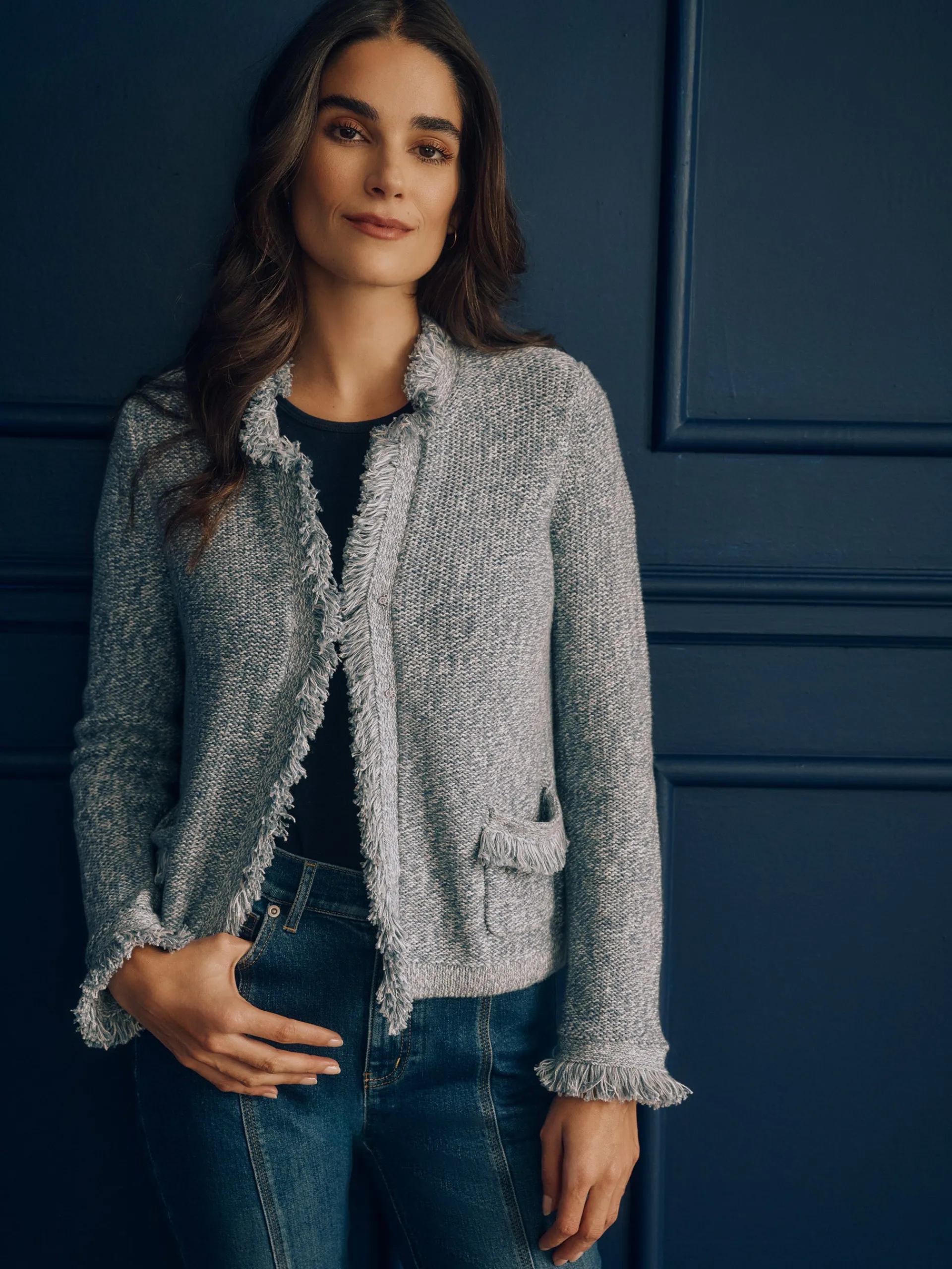 J.McLaughlin Simone Cardigan Denim/White Cheap