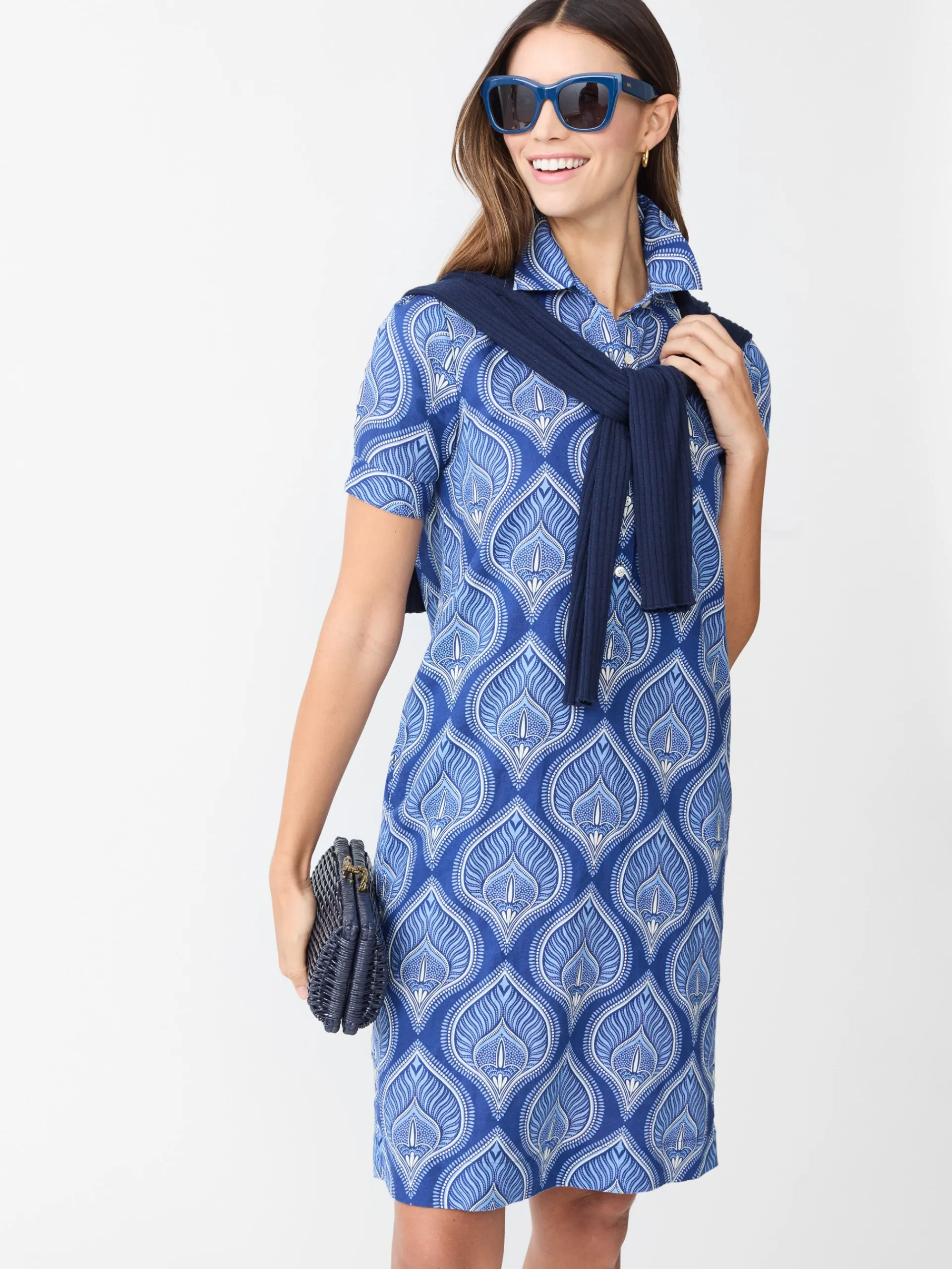 J.McLaughlin Teresa Linen Blend Dress in Neo Tangier Geo Blue/Cornwall Cheap