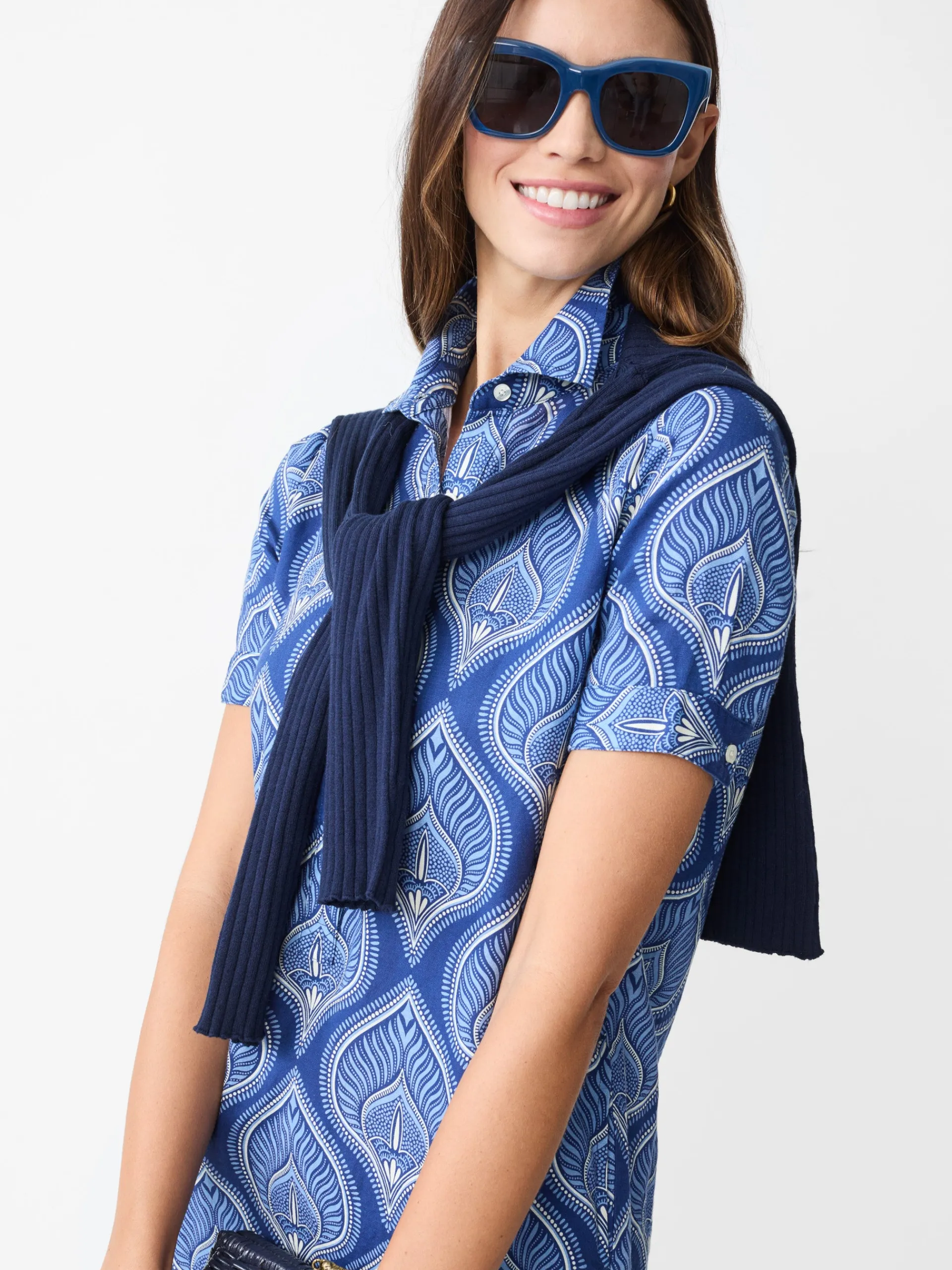J.McLaughlin Teresa Linen Blend Dress in Neo Tangier Geo Blue/Cornwall Cheap
