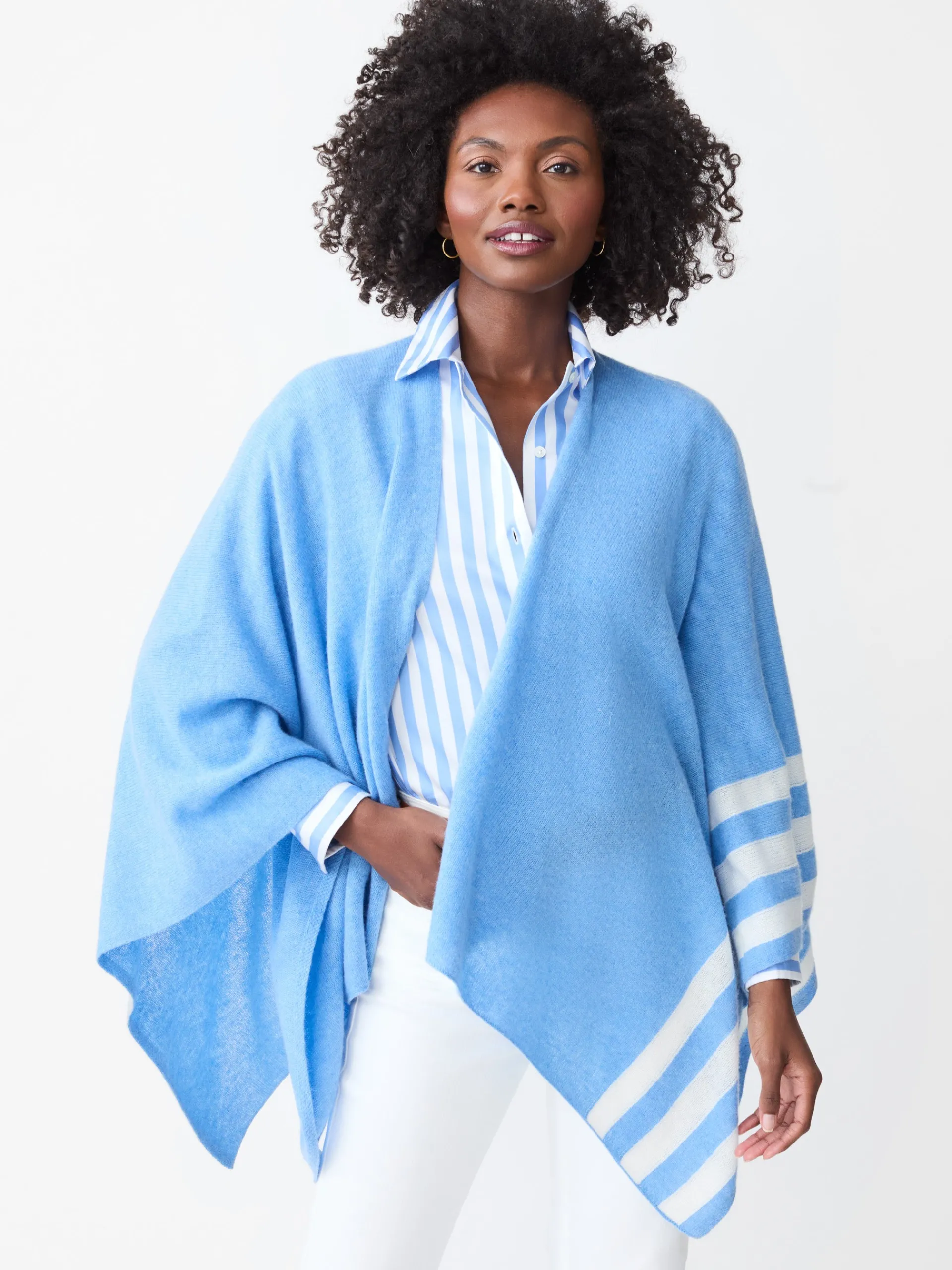 J.McLaughlin Veronique Cashmere Wrap in Stripe MediumBlue/OffWhite Discount