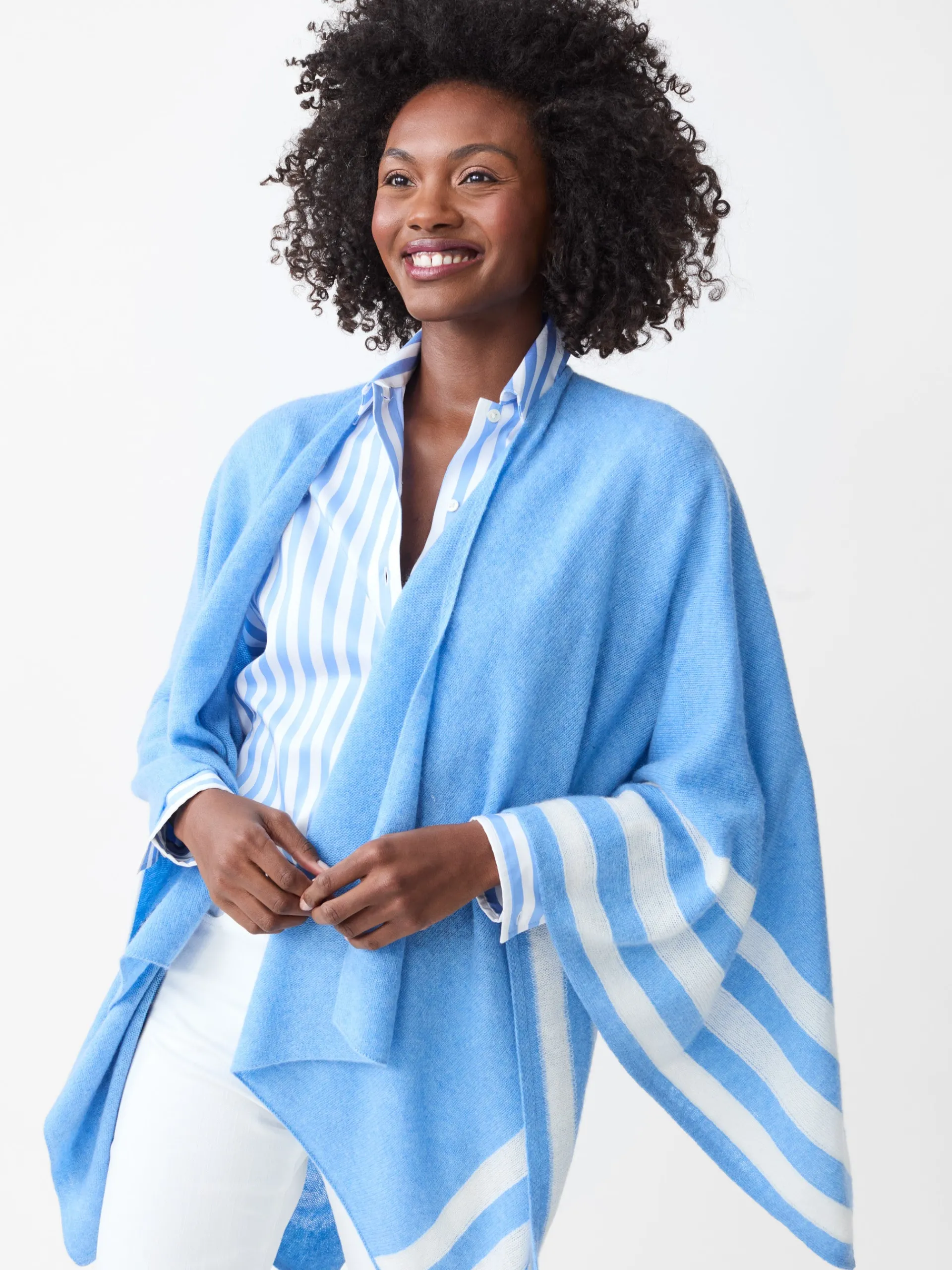 J.McLaughlin Veronique Cashmere Wrap in Stripe MediumBlue/OffWhite Discount