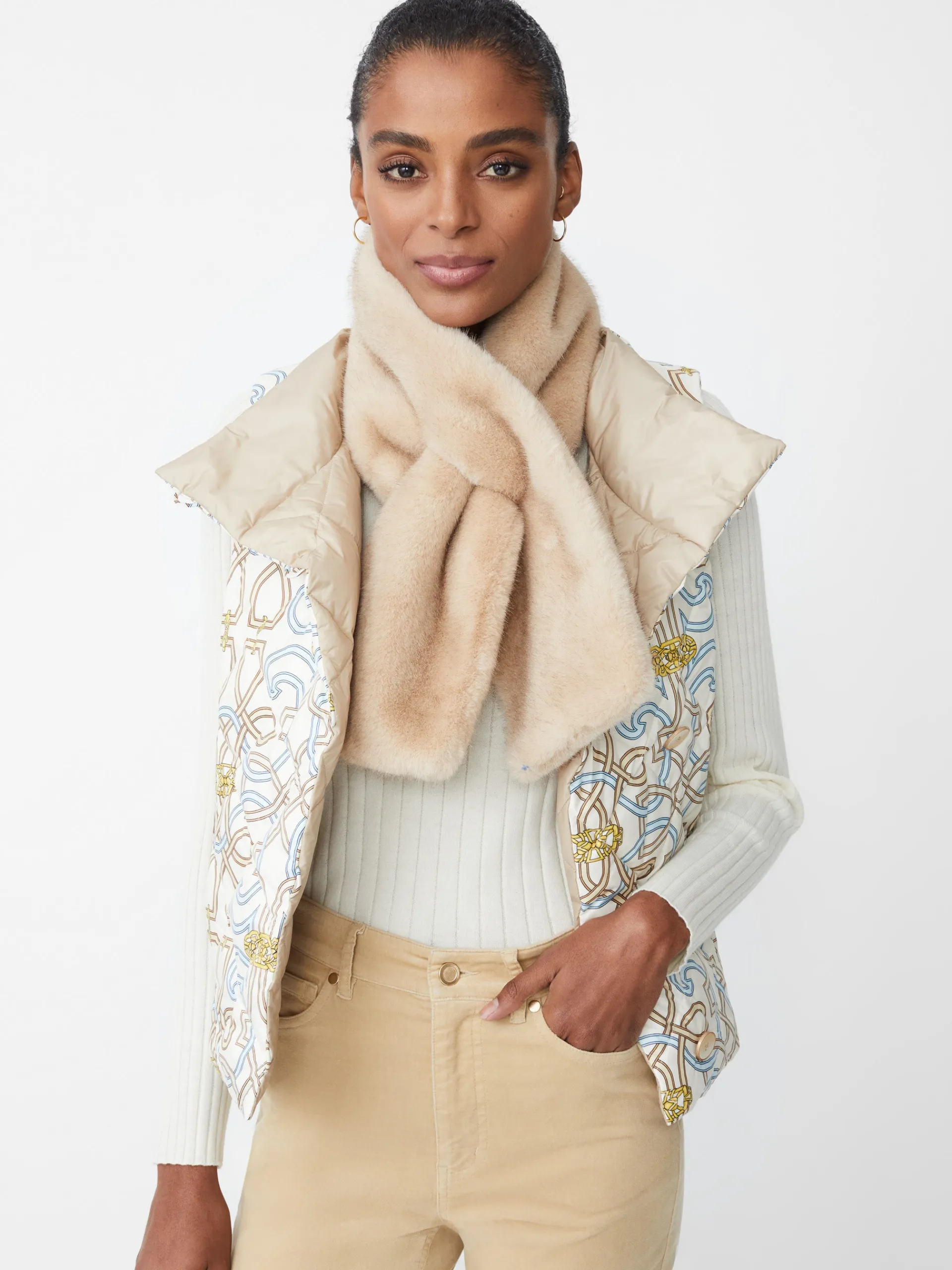 J.McLaughlin Vivian Reversible Puffer Vest in Neo Beltmore Con OffWhite/Blue/Sand Sale