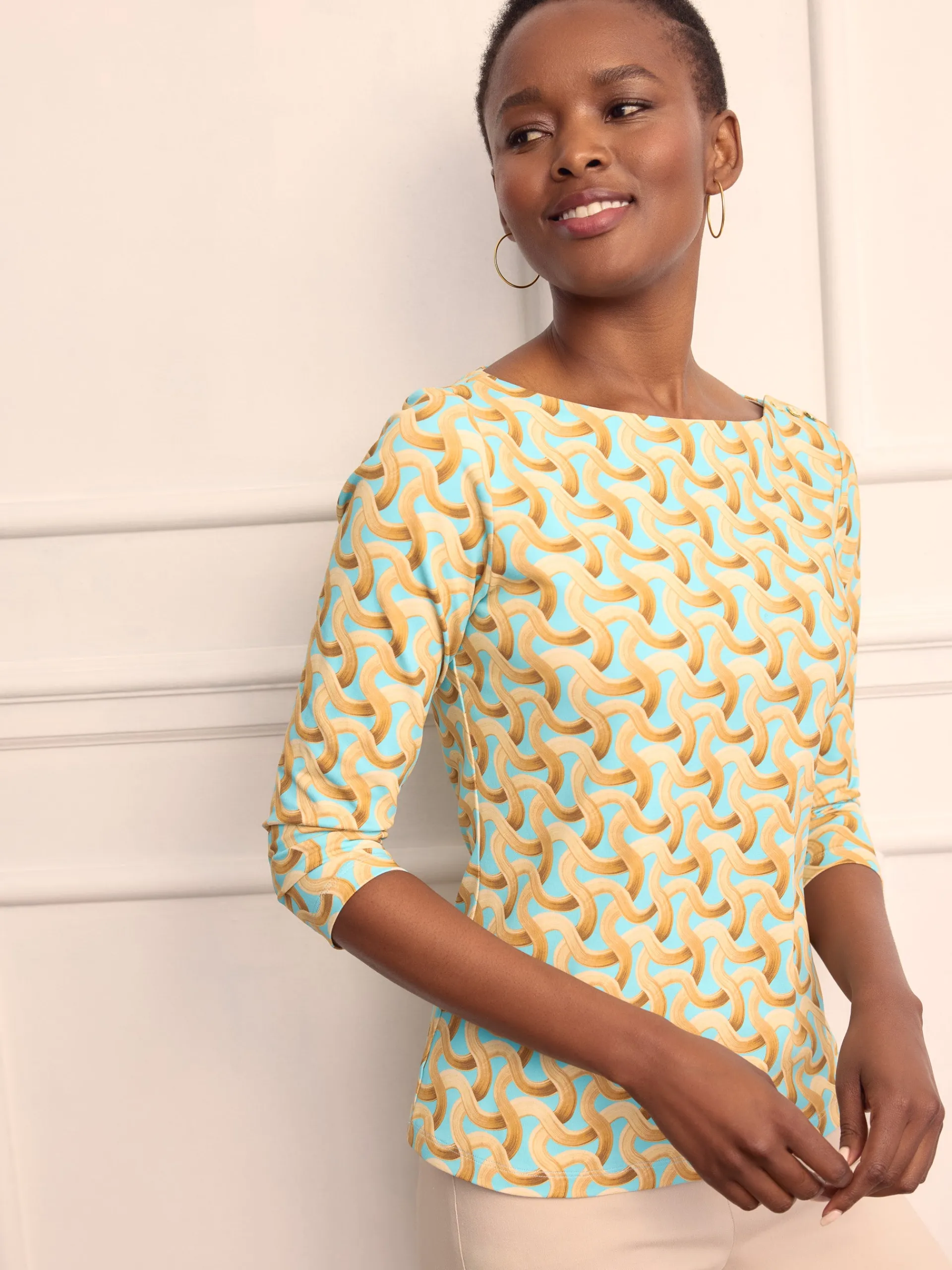 J.McLaughlin Wavesong Tee in Mini Dream Weaver Aqua/Gold Best Sale