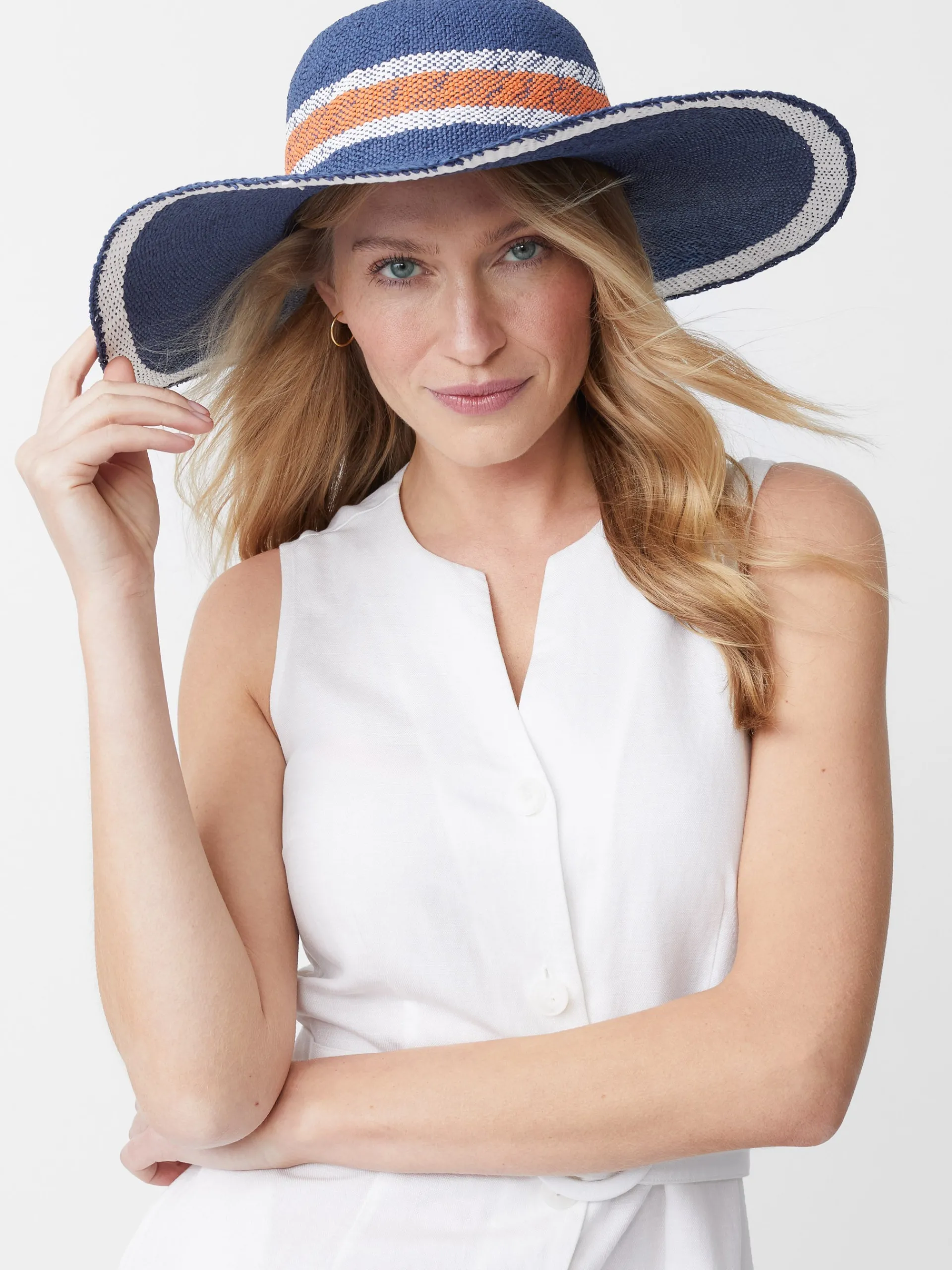 J.McLaughlin Willemstad Straw Hat in Stripe Navy/Orange Flash Sale