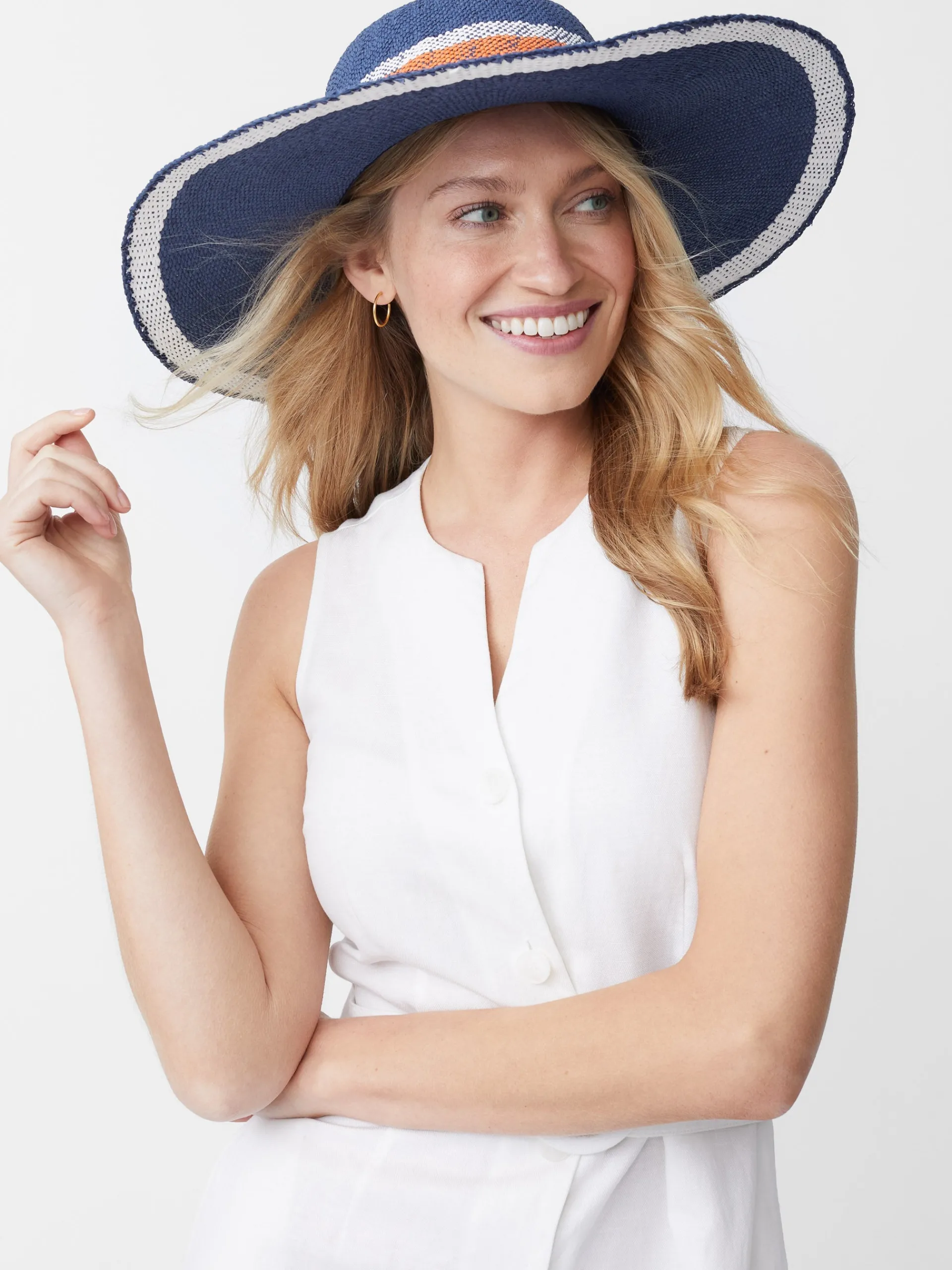 J.McLaughlin Willemstad Straw Hat in Stripe Navy/Orange Flash Sale
