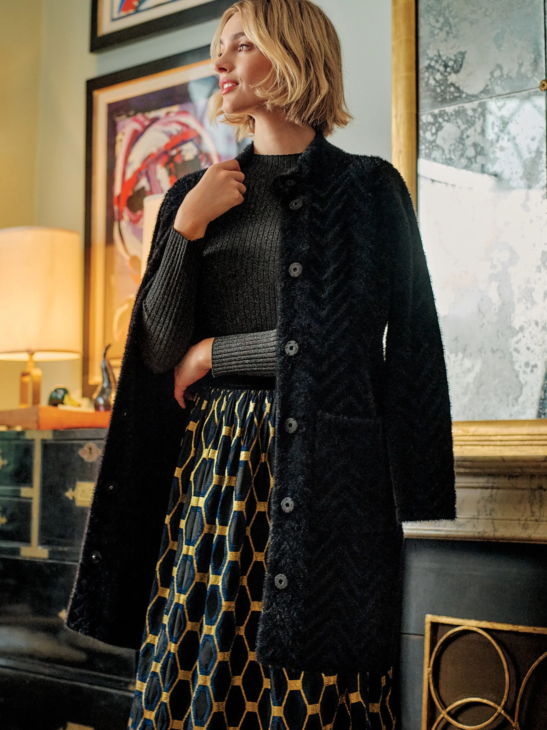 J.McLaughlin Wylde Skirt in Honeycomb Jacquard Black/Navy/Gold Shop